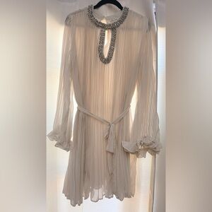 Beaded-Neck Cream Pleated Long-Sleeve Dress